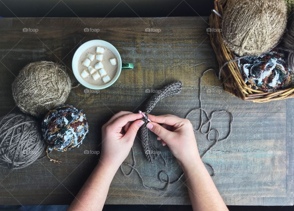 Crocheting with Hot Cocoa and Balls of Yarn