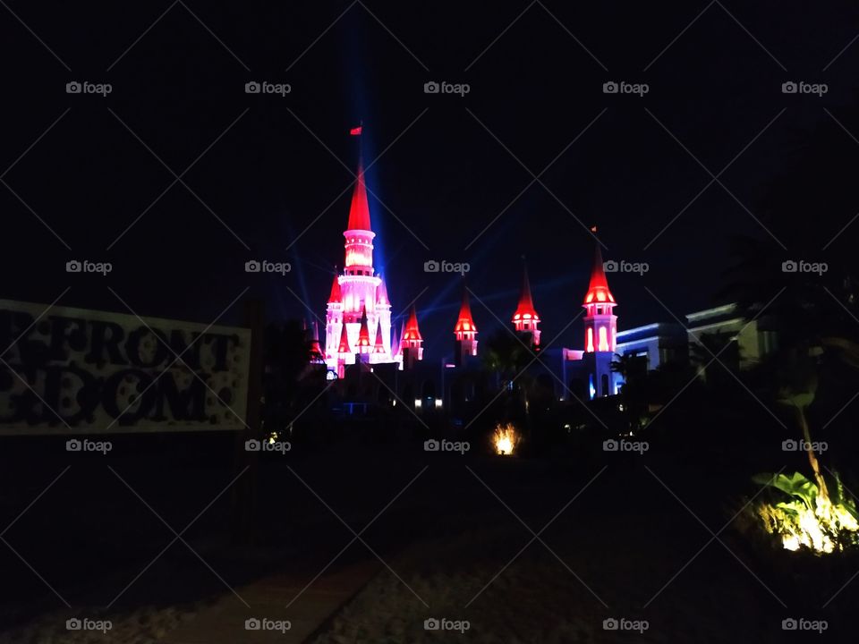 The beautiful and glorious night view on iluminated The Land of Legends tower buildings.