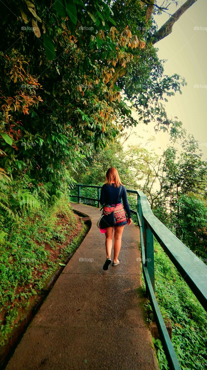 Rear view of woman walking on winding path in the park