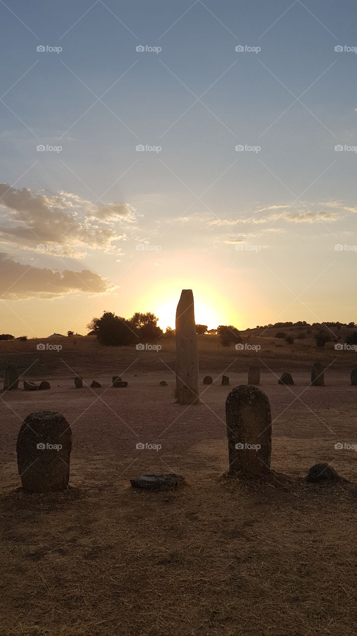 Sunset on exceptionnal site of megalithic, Cromeleque do Xarez, Monsaraz, Portugal