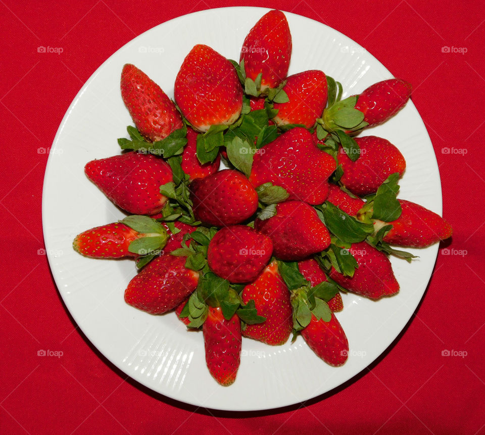 High angle view of strawberries