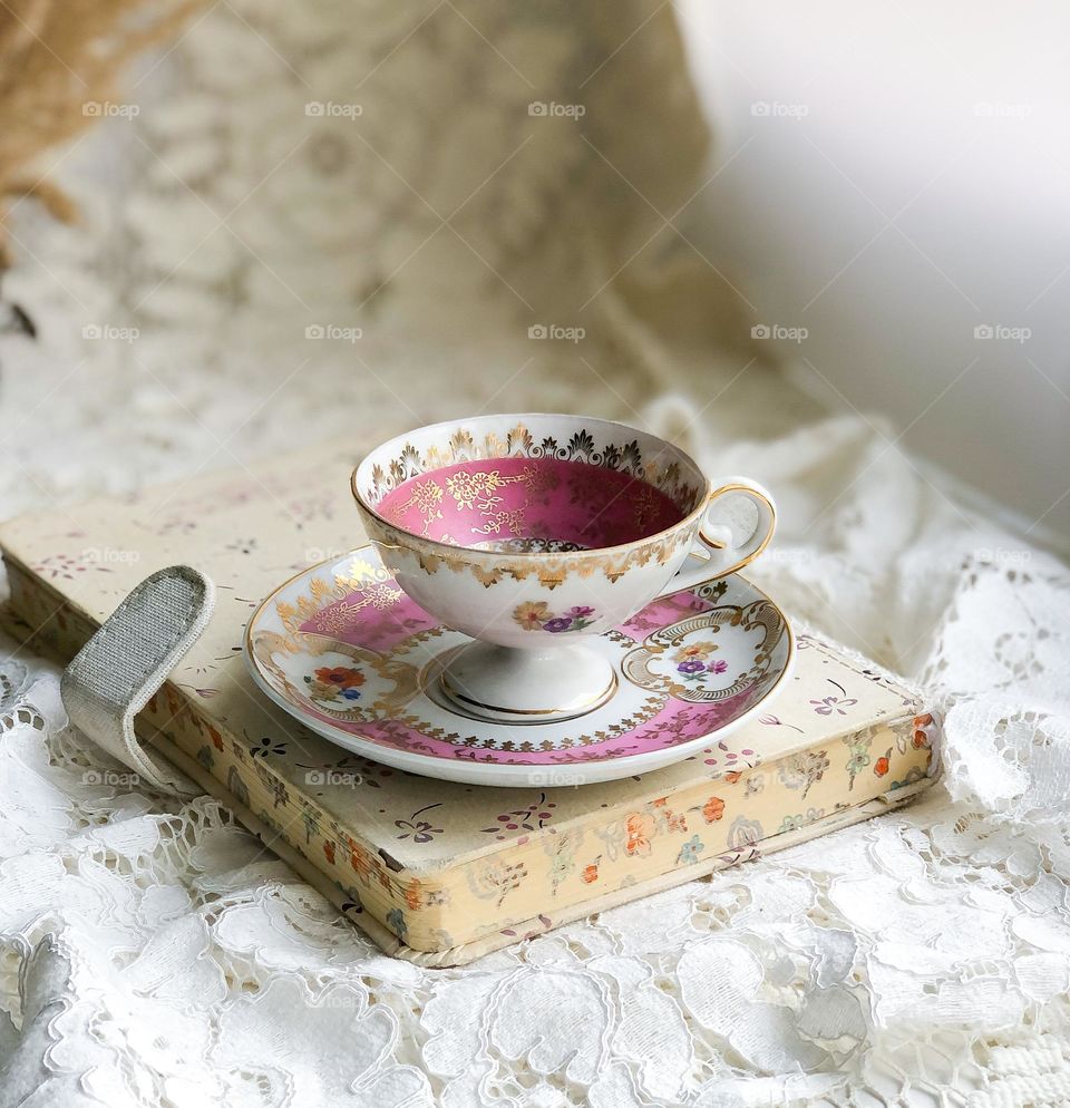 Old rarity china tea set - little cup and saucer in baroque style