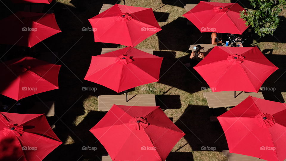 Rows of red umbrellas