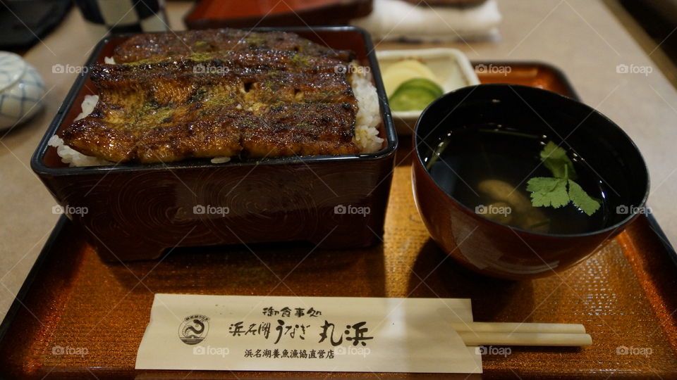 Freshwater eel steak on rice with intestine soup