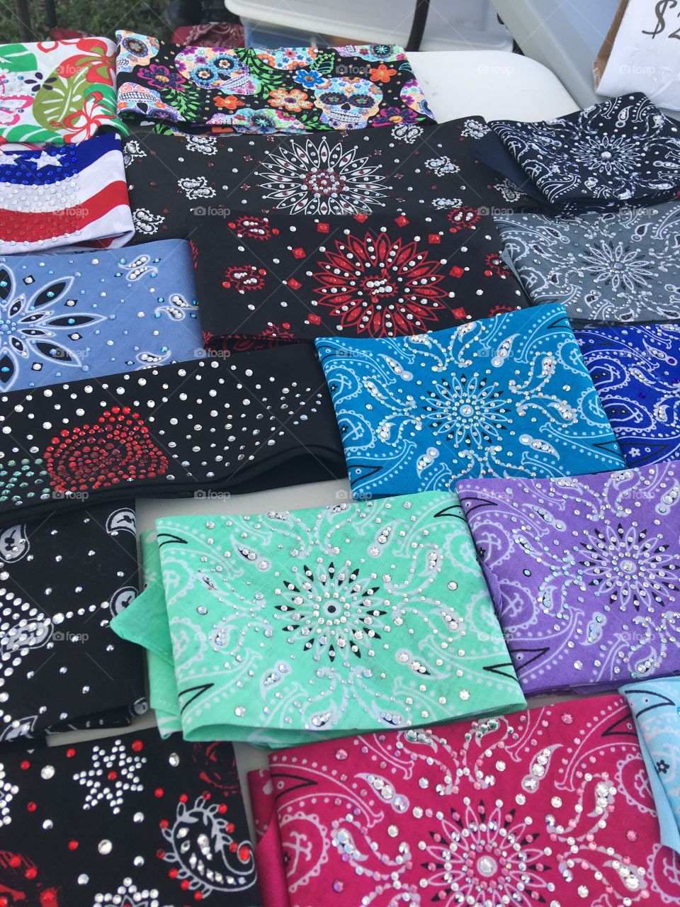 Bling Bling Bandannas! All colors and sizes what’s your style? Here at the bike rally.