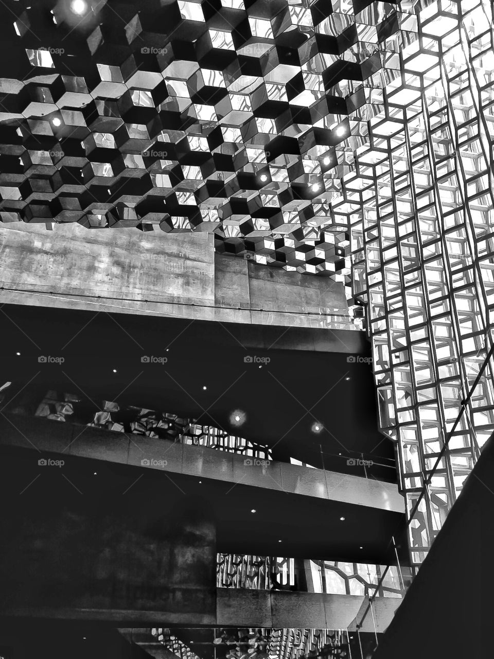 Dramatic interior of Harpa in Reykjavik Iceland