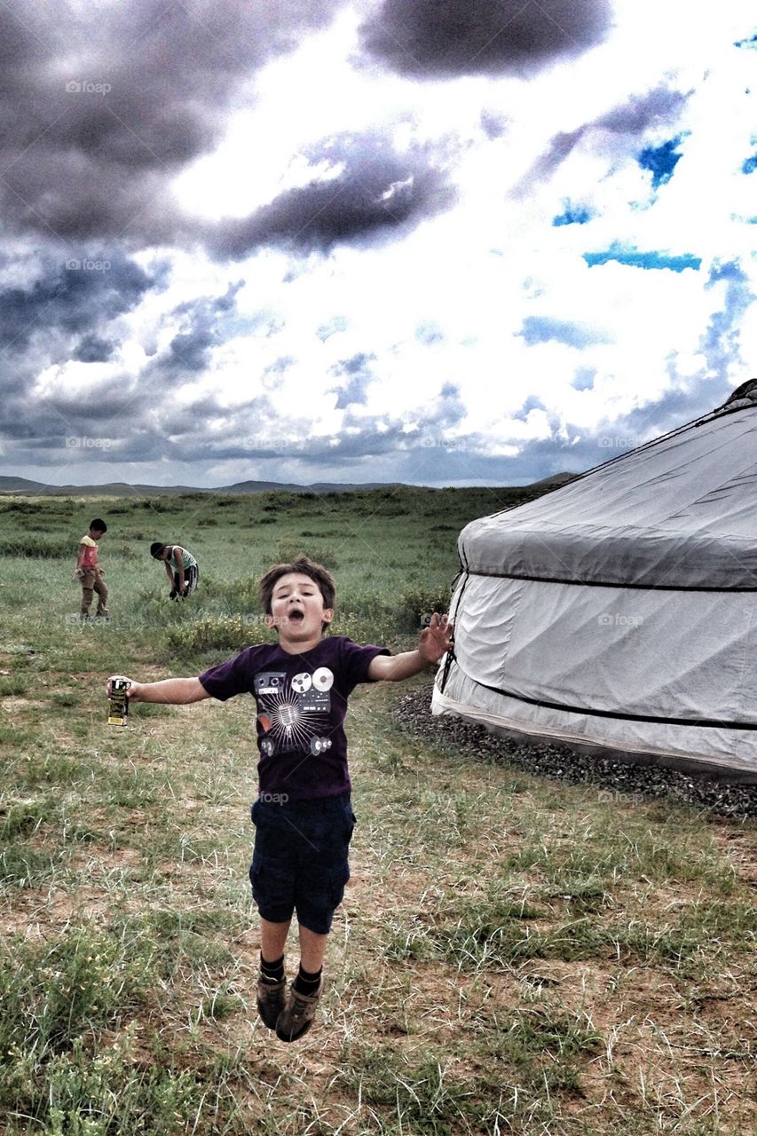 Jumping boy in Mongolia 