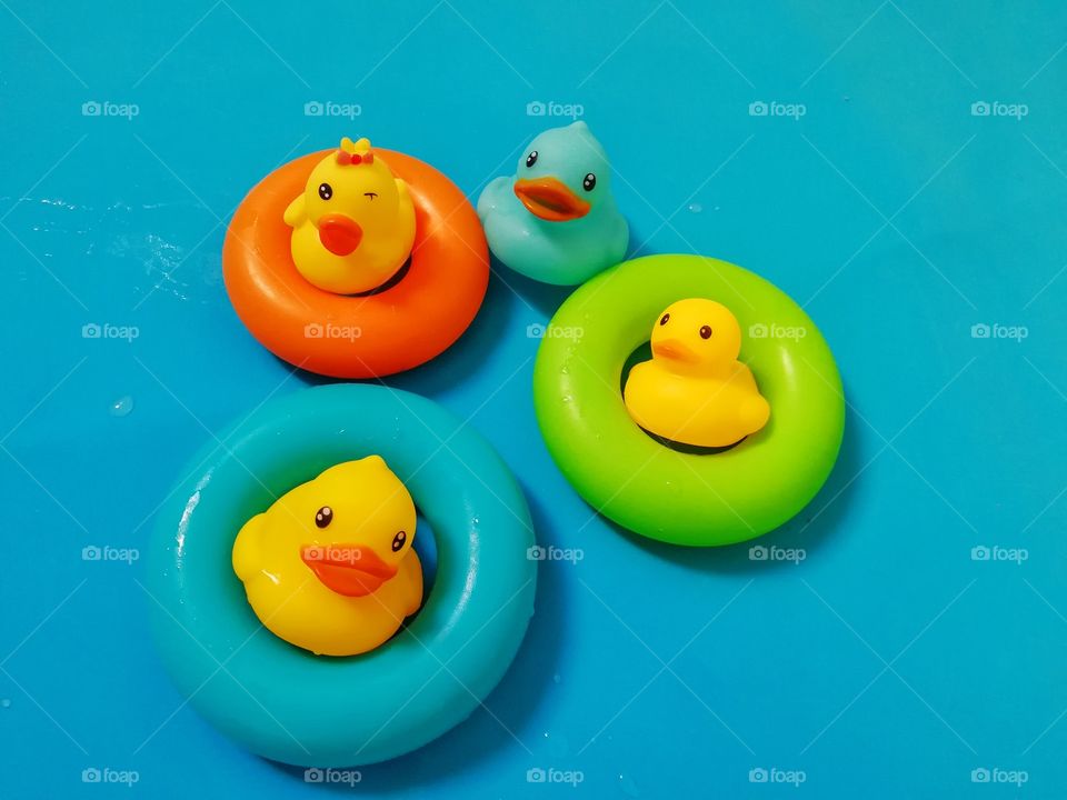 rubber ducks with donuts in blue background