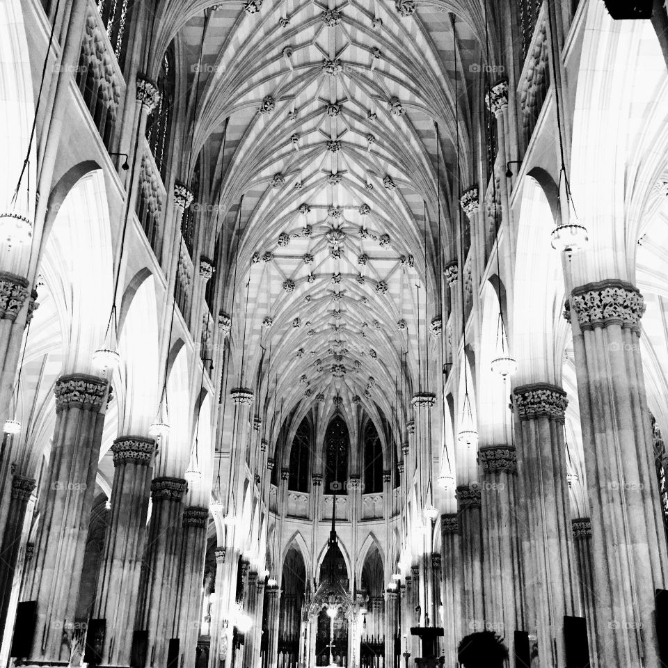 A black and white version of the ceiling at St. Patrick's Cathedral in New York City.