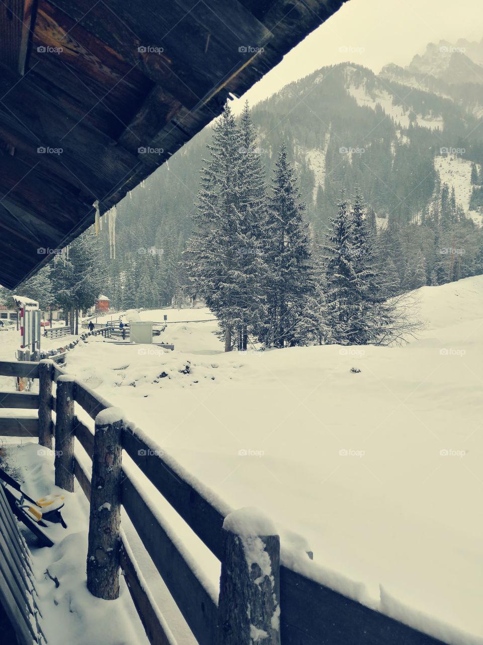 View on valley and mountains covered by snow in South Tyrol