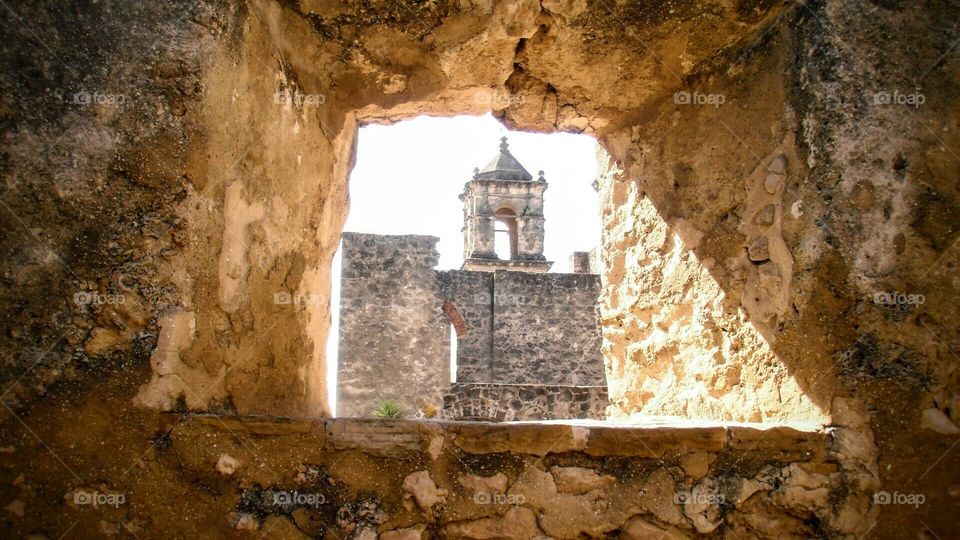 Spanish Mission - view of tower through window
