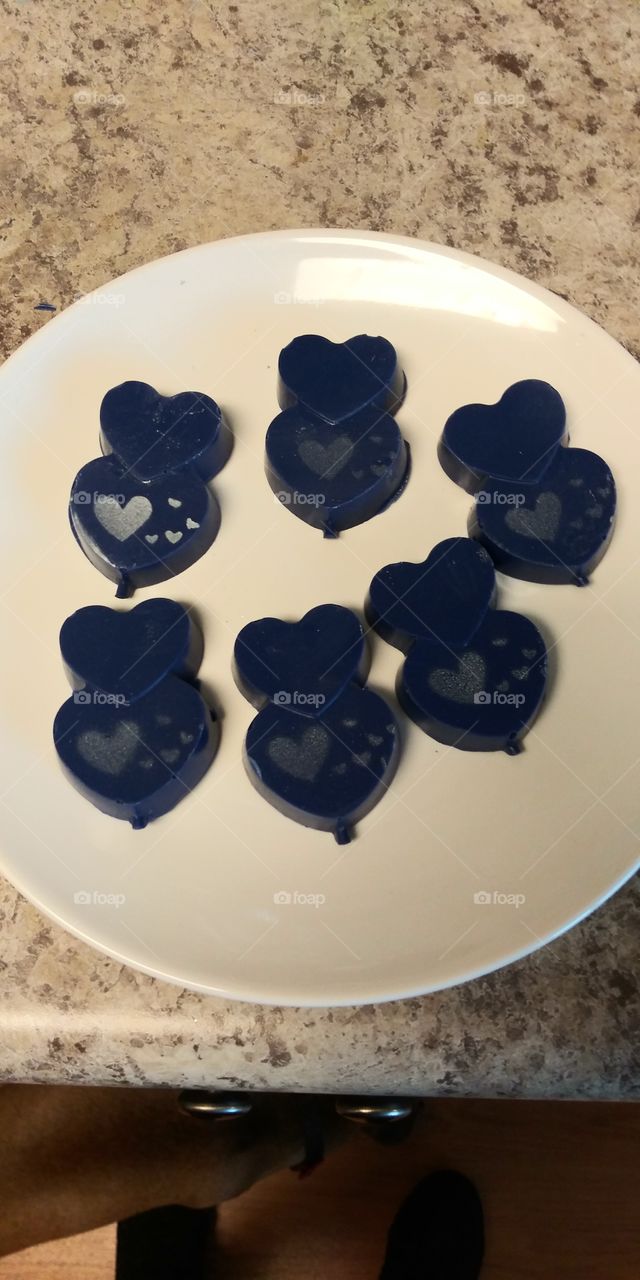 Delicious blue candy hearts made by hand.