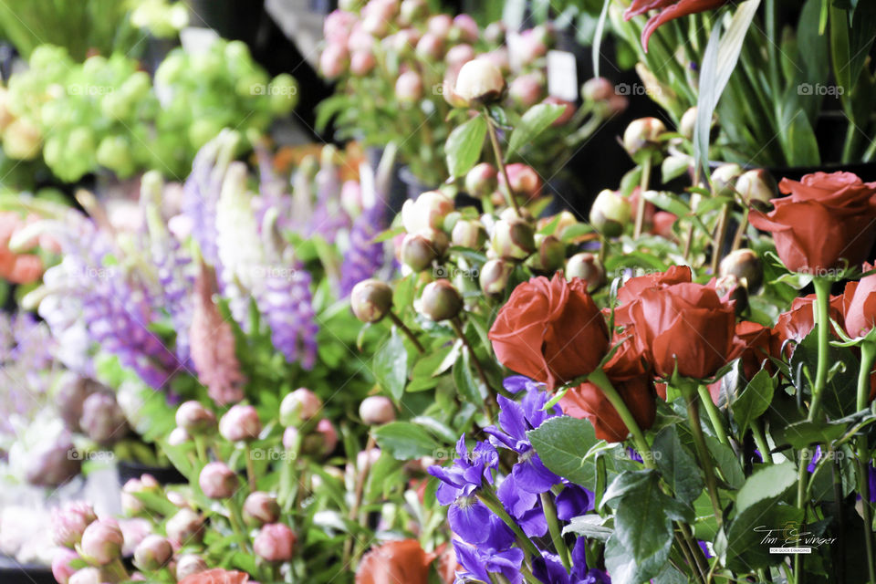 Flowers for sale on the street corner in Portland, Oregon, USA. 