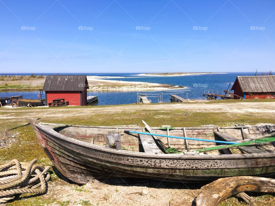 View of huts near the coast in Smogen