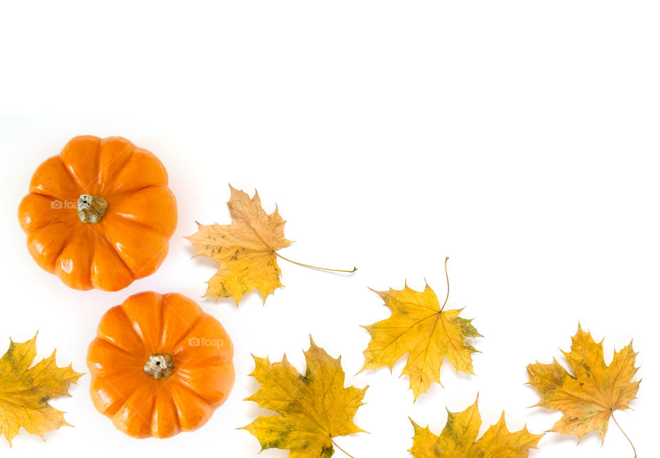 Autumn leaves and pumpkins flatlay