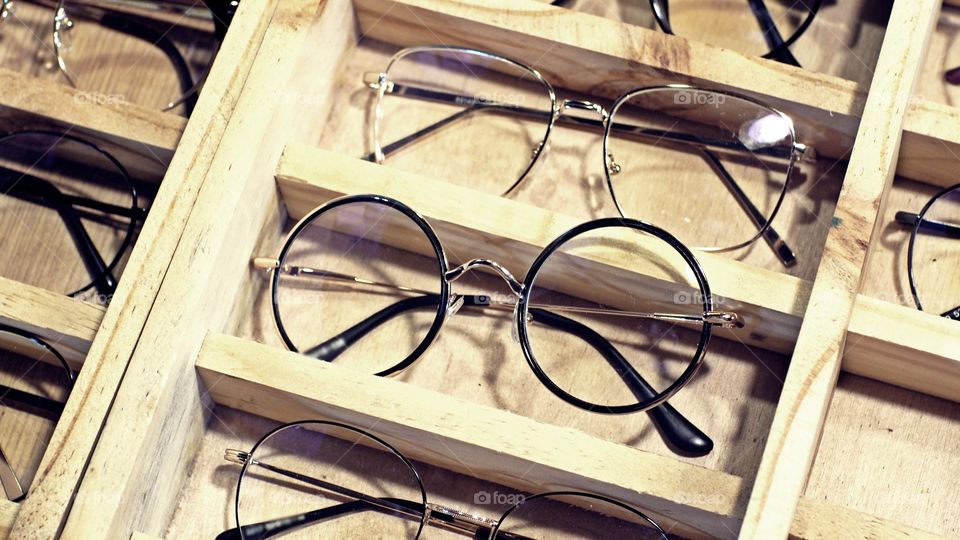 glasses in wood box