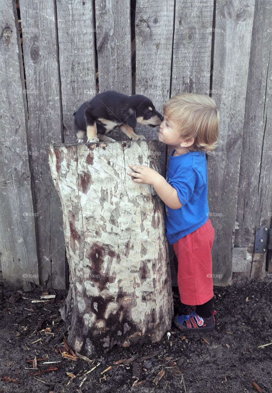 a kid with a puppy