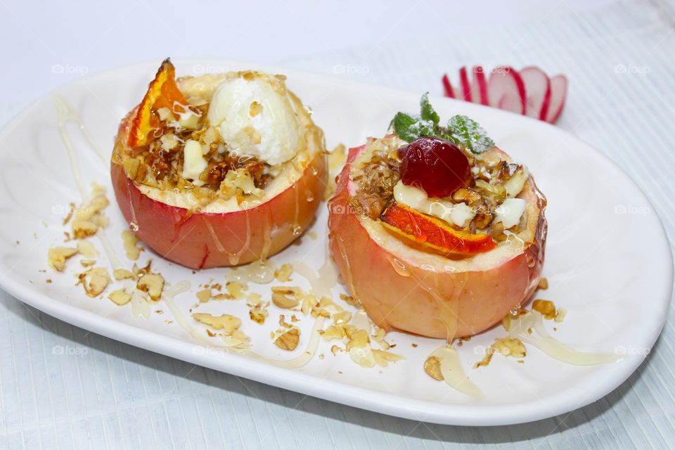 Baked apples stuffed with cheese and nuts