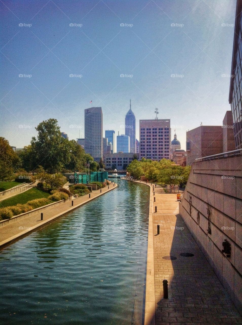 Downtown Indianapolis from above the canal at the state museum.