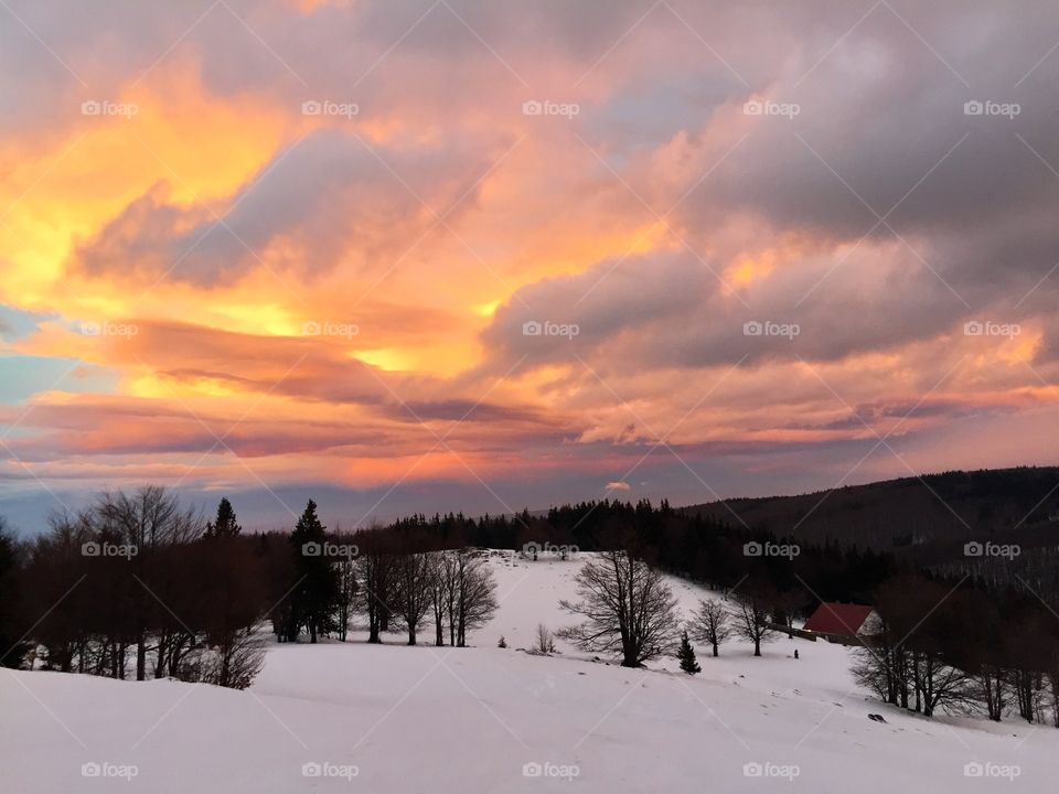 Beautiful sunset in winter over a chalet surrounded by forest