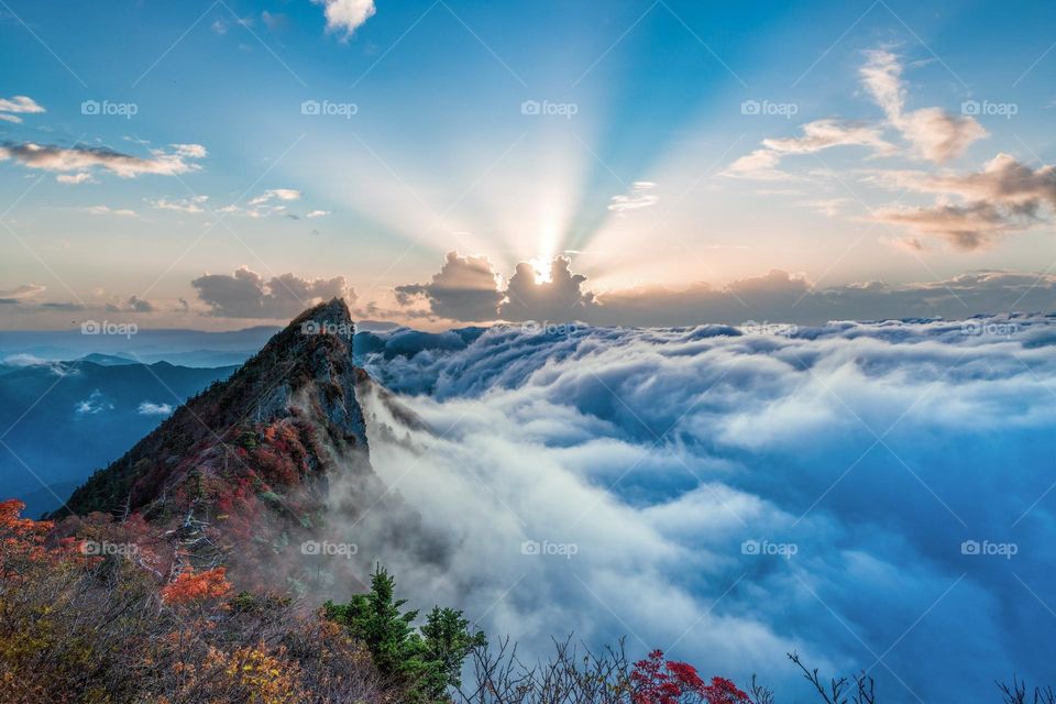 Beautiful mountain scenery with sea of clouds with sun set