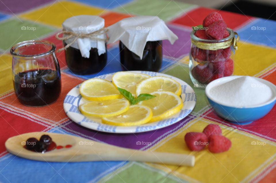 High angle view of cherry jam