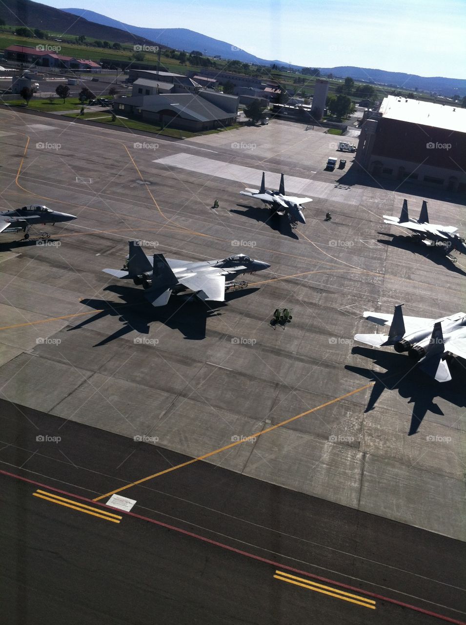 Aerial view of F15 fighter jets on the tarmac in Oregon.  