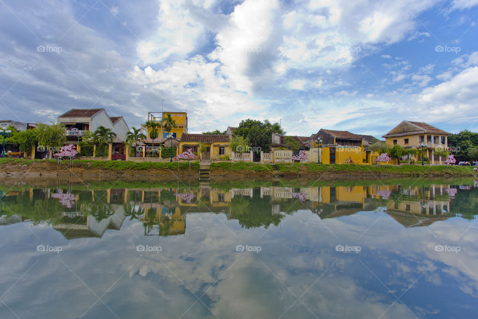 typical scene in Hoi An ancient town in central Vietnam. picturesque landscape by the river