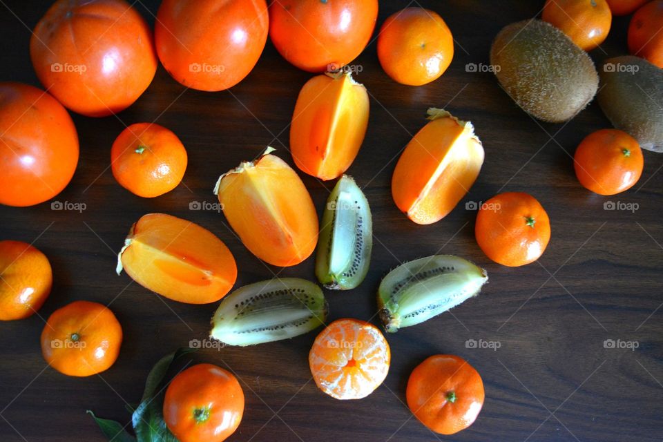 tropics fruits healthy food wood top view background