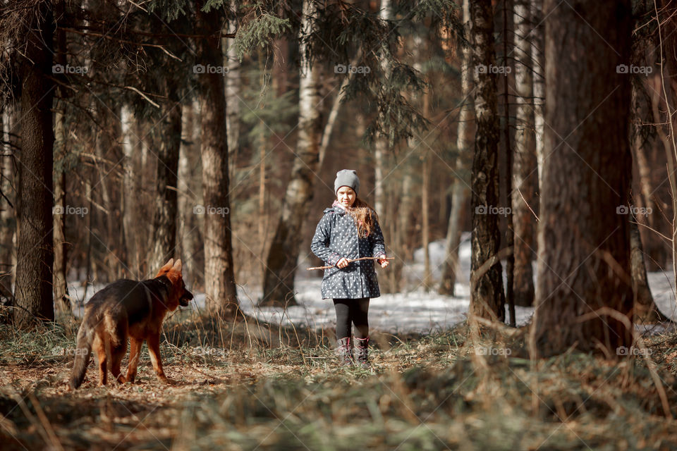 Girl walking with German shepherd puppy in a spring forest 