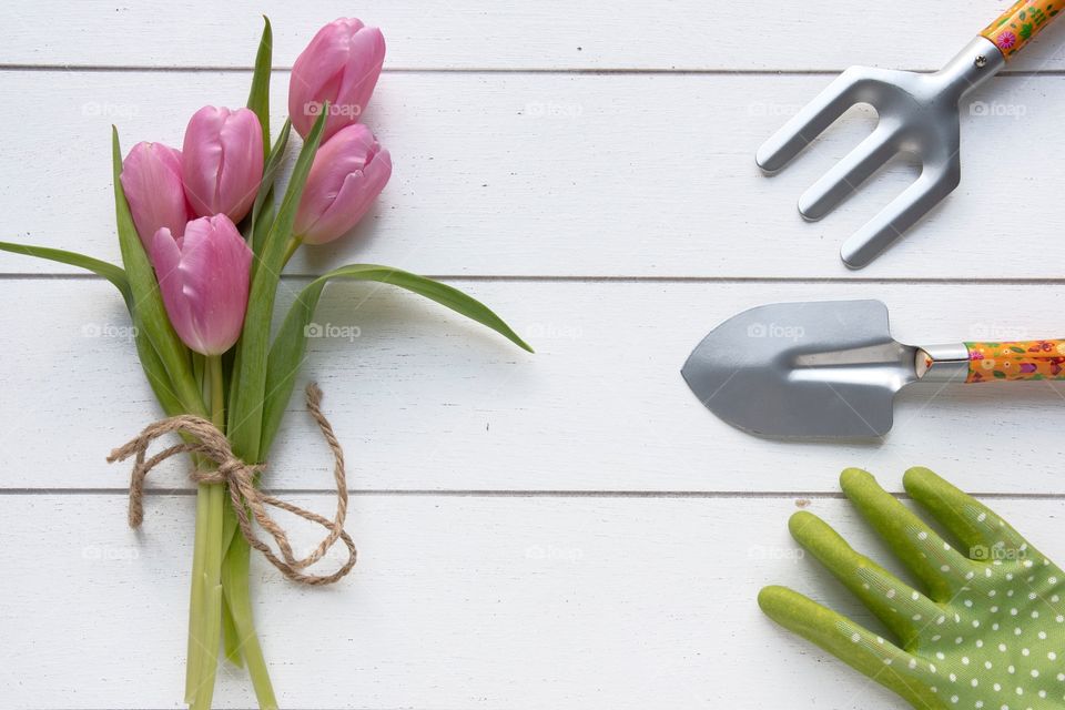 Spring Flowers and Garden Tools