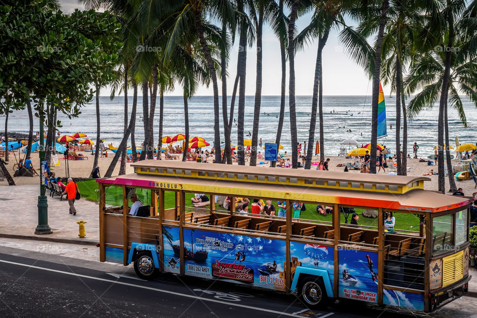 Waikiki trolley shuttle bus parked along Kalakaua Avenue, Waikiki Beach area, Honolulu, Hawaii. This is a cheap form of transportation and is hugely popular among tourists.