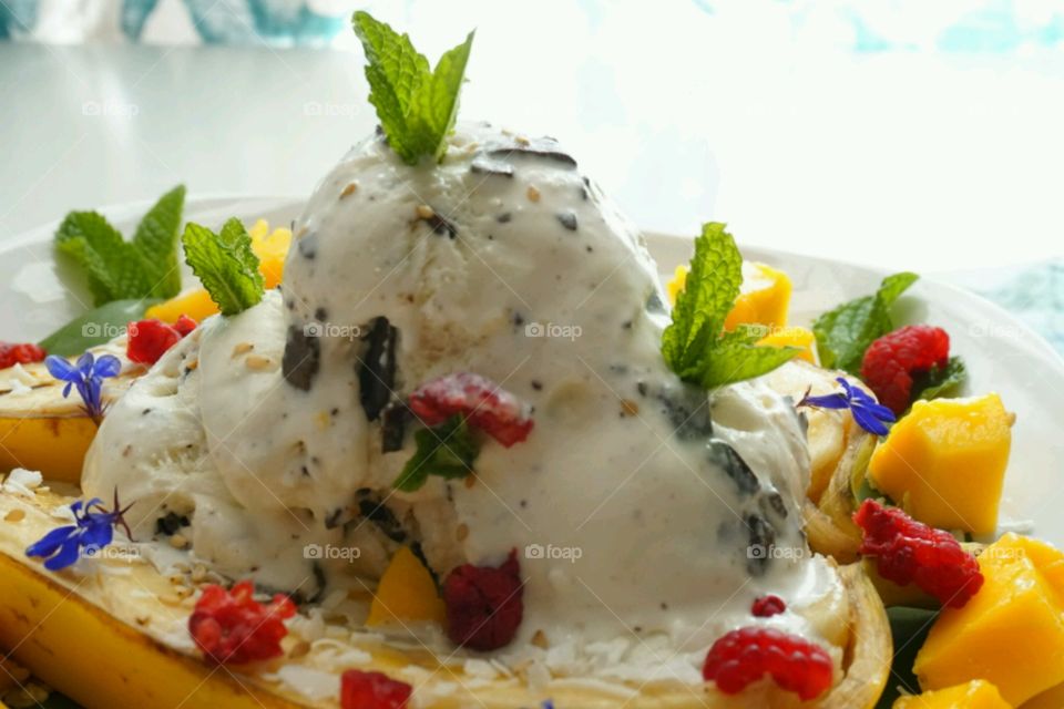 Summer time icecream - Banana split - mint chips ice cream