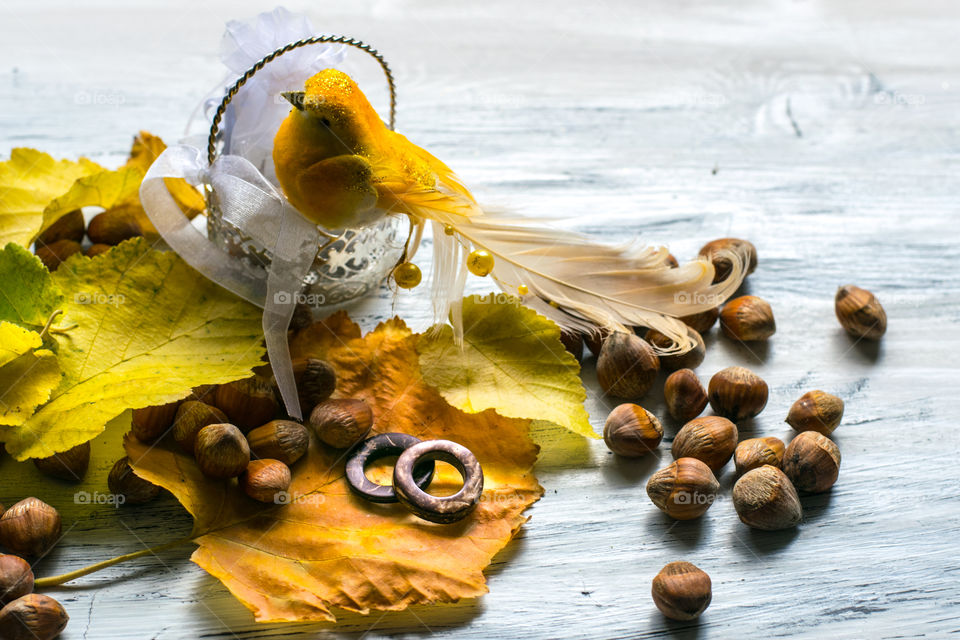 rustic, autumn wedding invitation background, leaves, nuts and wooden wedding rings