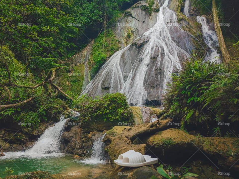 picnic in beautiful waterfall with green forest