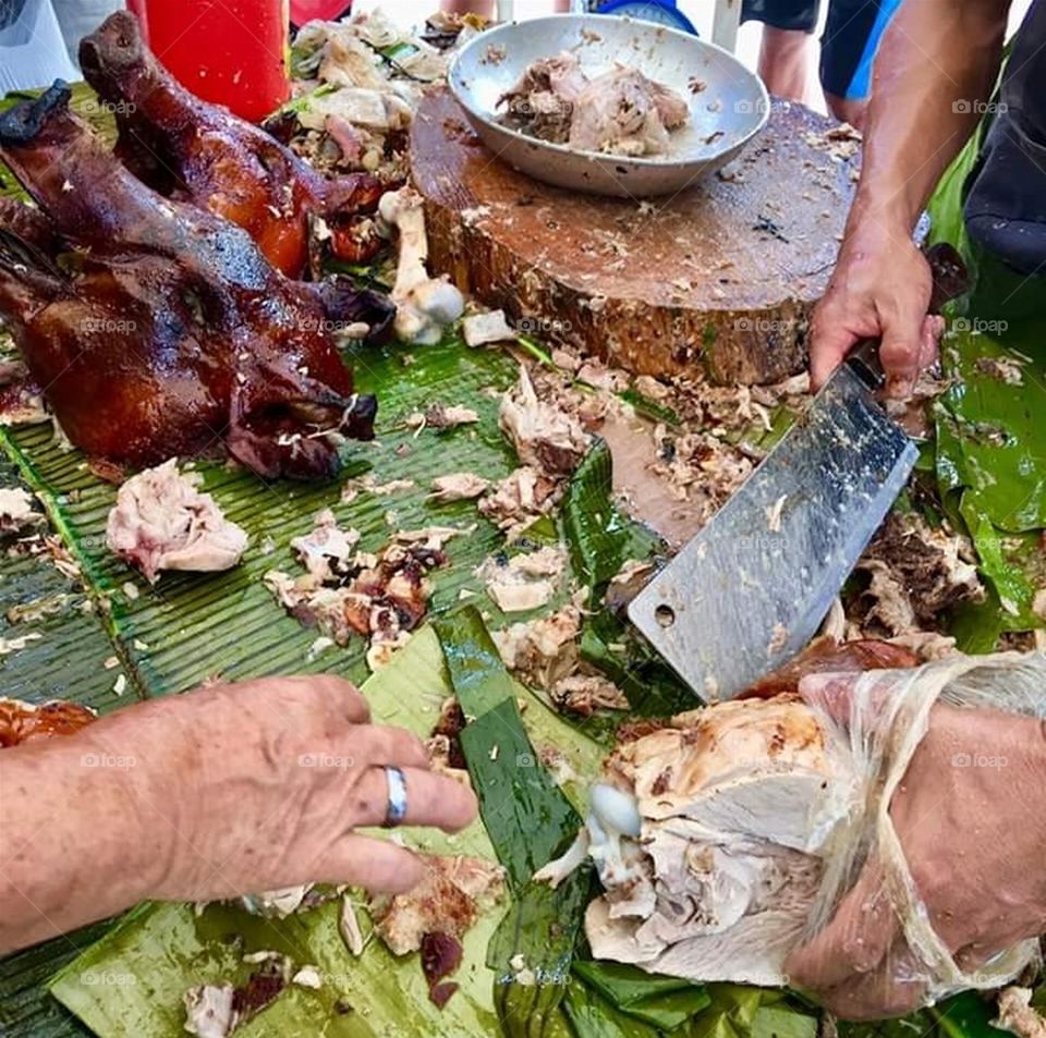 Sold Chopped "Lechon" (Roasted Pig) in the Flea Market