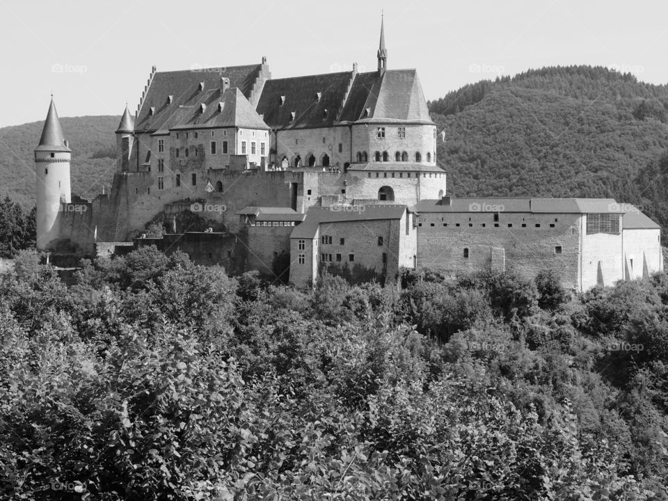 Chateau dé Vianden viewed through a lovely full forest against a backdrop of lush rolling hills outside of Vianden, Luxembourg on a sunny summer day. 