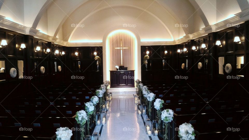 Wedding chapel with wedding flowers