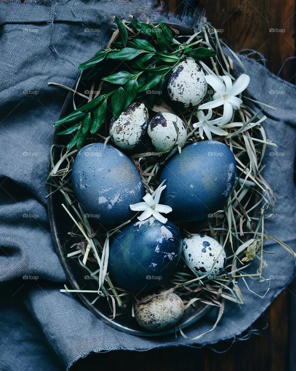 High angle view of easter eggs