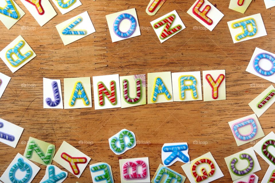 the word january. the word january spelled in colorful letters