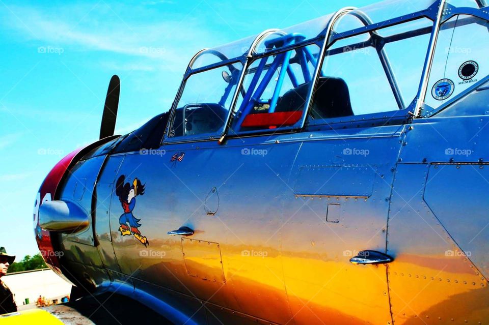 WWII war bird, airplane closeup at sunset