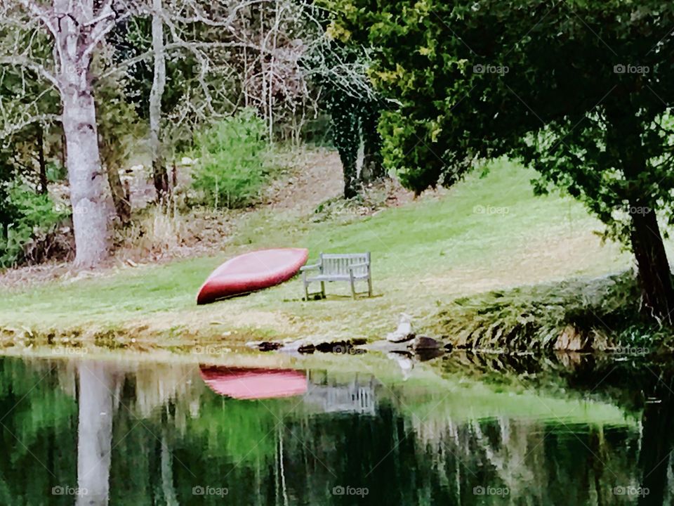 Canoe & Bench by Pond