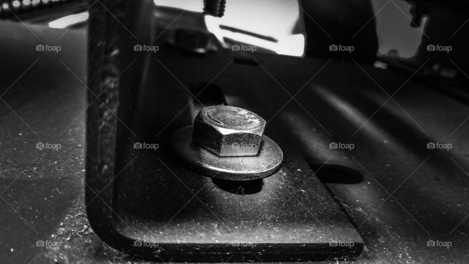 Equipamento, máquina, oficina, parafusos, ferro, motor, parte de um compressor de ar.