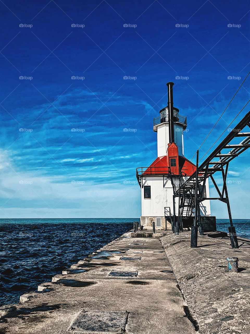 Lighthouse in Michigan, portrait of a lighthouse, landscape photograph of a lighthouse, lighthouse on the water, iconic picture of a lighthouse, iPhone photography 