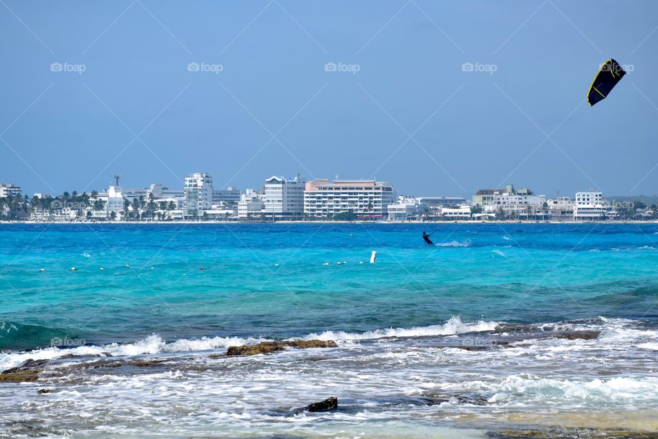 Kite surfing at Johnny Cay island, San Andres island, Colombia