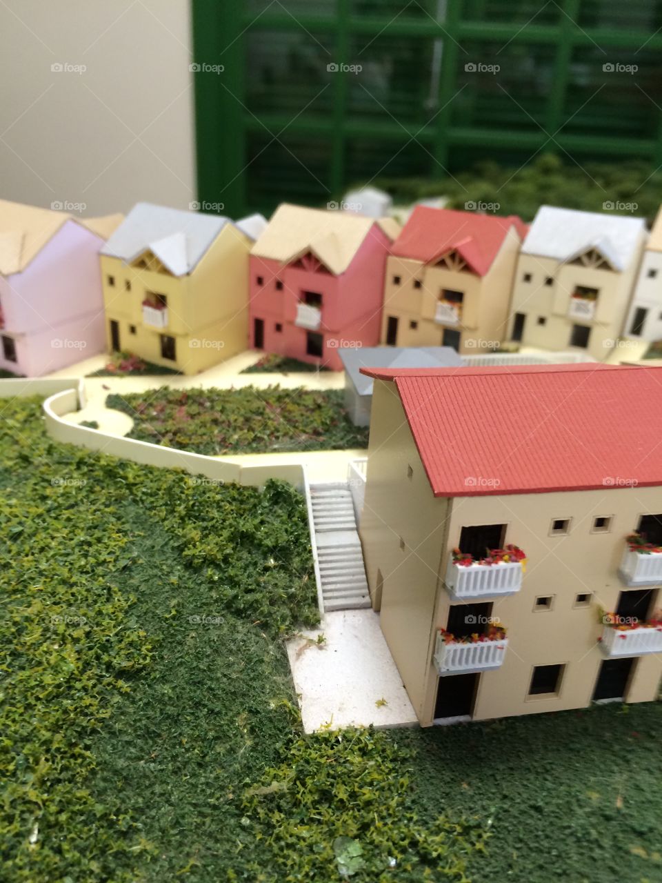 Row of tiny, quaint little model houses.