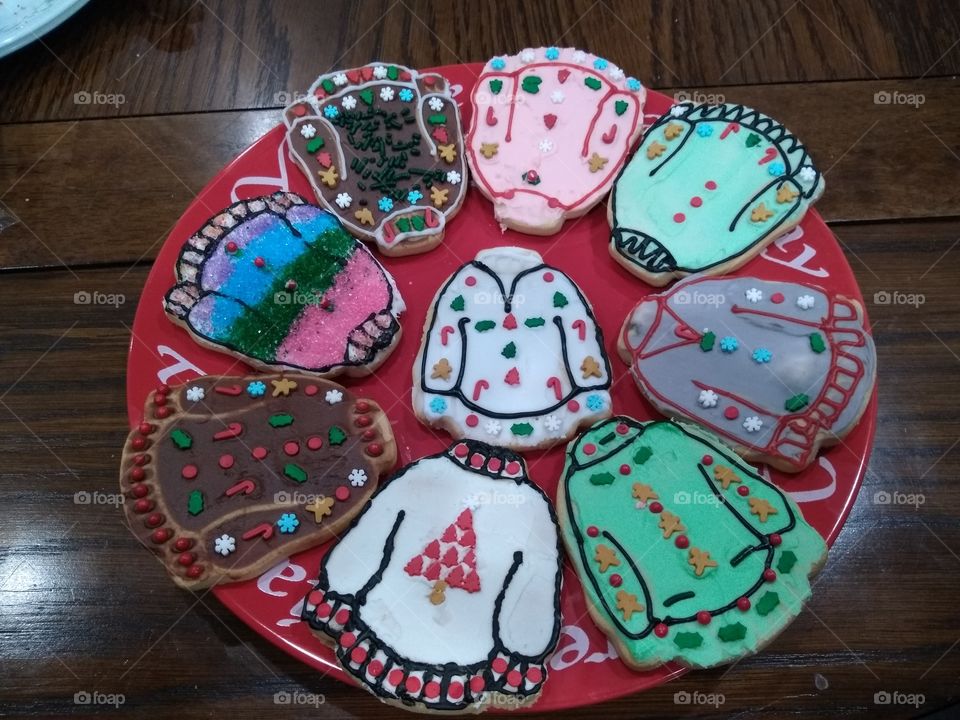 ugly sweater Christmas cookies on a plate