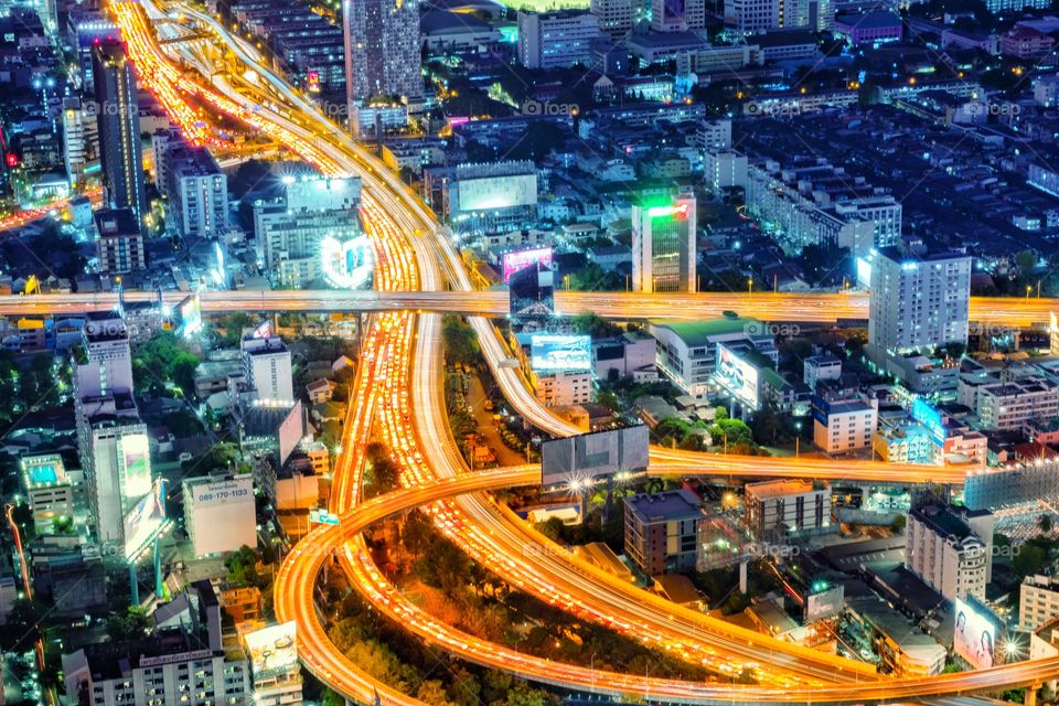 Vehicle light on express way in big city ,Bangkok Thailand