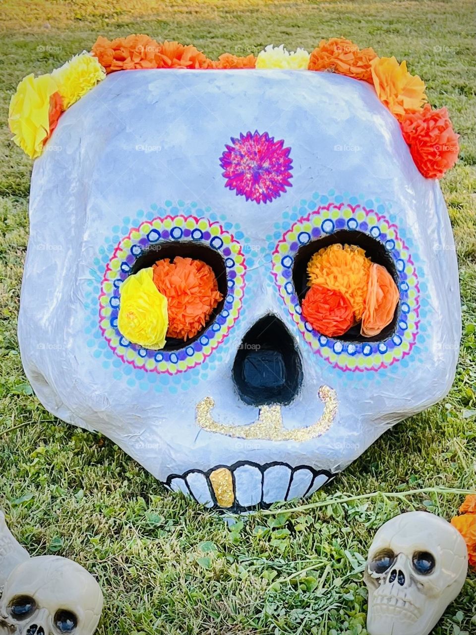 A vibrant decoration at a celebration to educate about the Day of the Dead