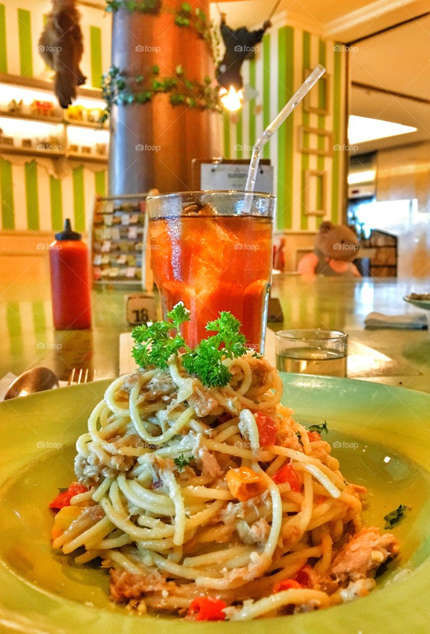 Pasta Lunch and ice tea
